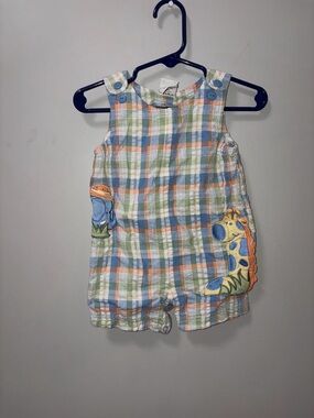 Little Me Vintage Pastel Plaid Romper Safari Animals Giraffe Elephant Boys 9 M